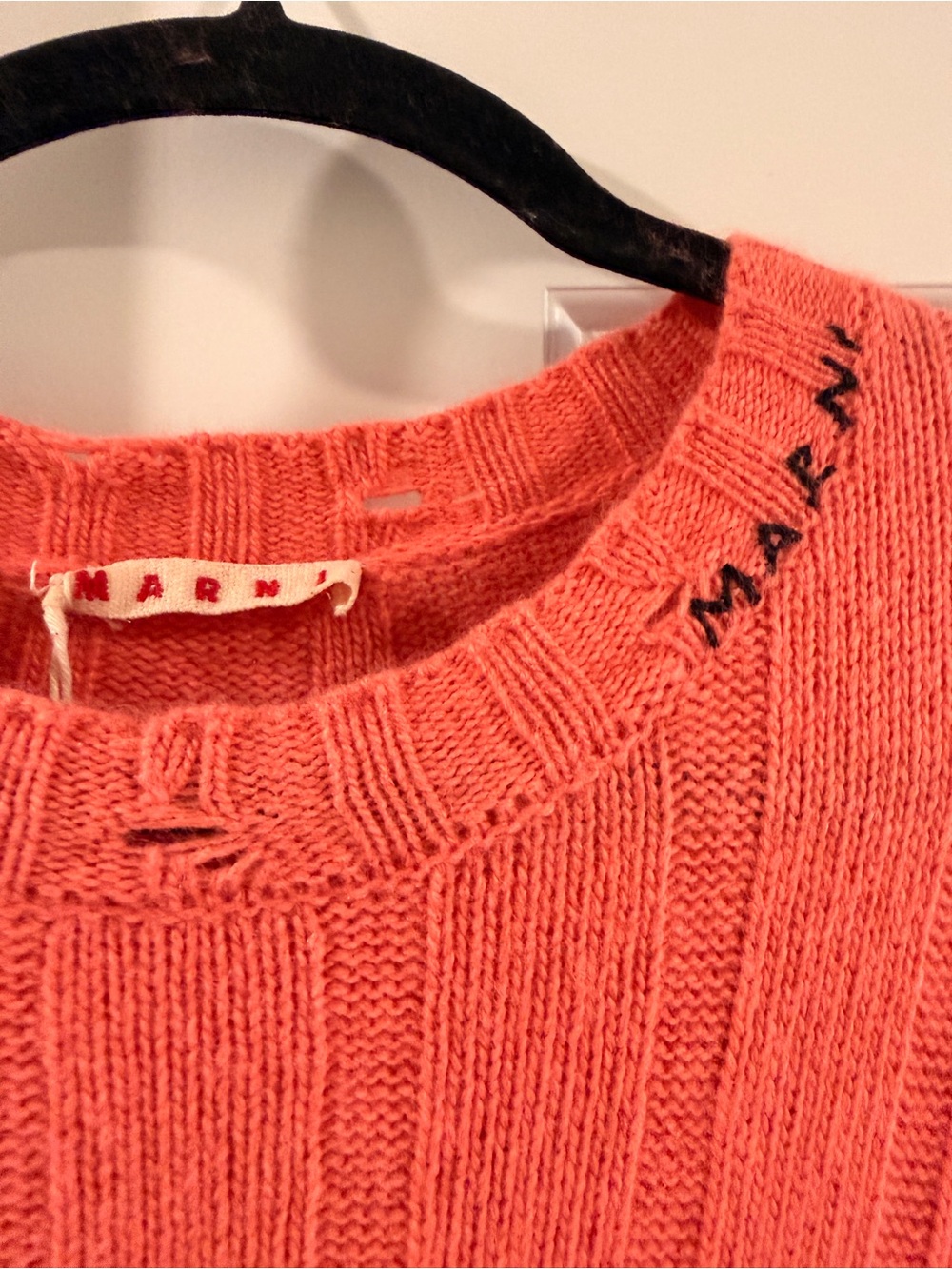 Marni Coral Ribbed Knit Midi Dress | Distressed Detail | Designer